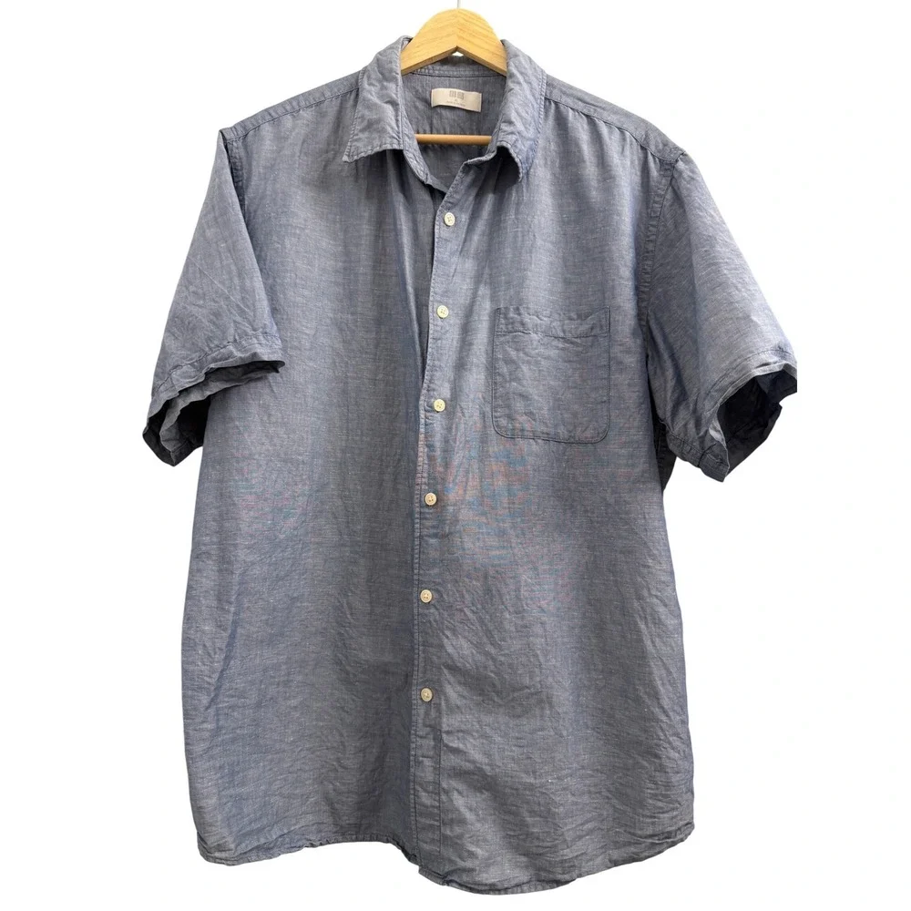 Uniqlo Mens XL Blue Linen Cotton Blend Short Sleeve Button Down Shirt 414574 - Picture 2 of 6